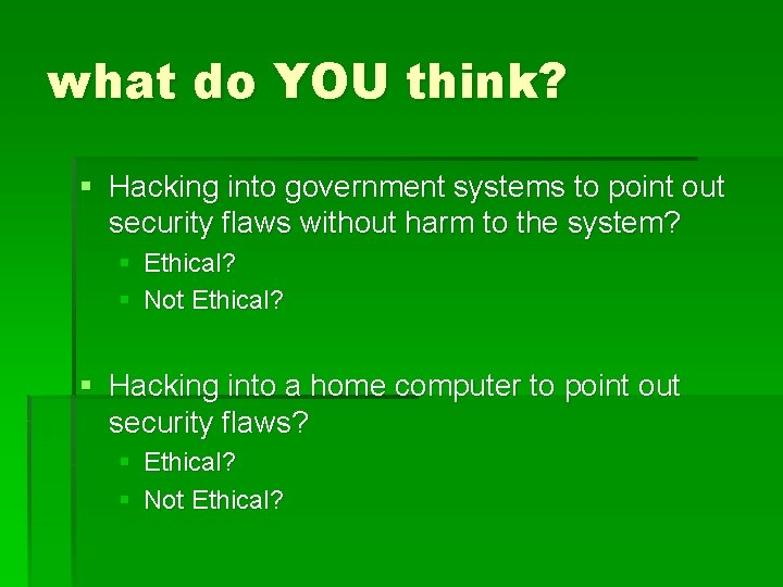 what do YOU think? § Hacking into government systems to point out security flaws
