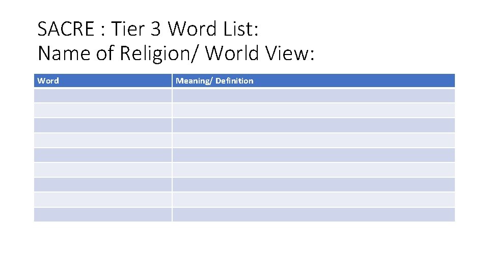 SACRE : Tier 3 Word List: Name of Religion/ World View: Word Meaning/ Definition