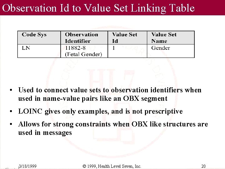 Observation Id to Value Set Linking Table • Used to connect value sets to