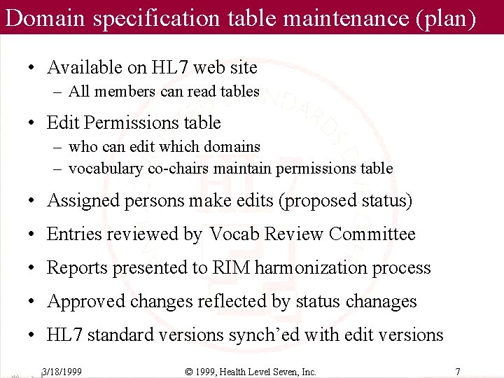 Domain specification table maintenance (plan) • Available on HL 7 web site – All