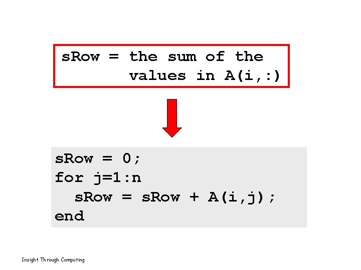 s. Row = the sum of the values in A(i, : ) s. Row