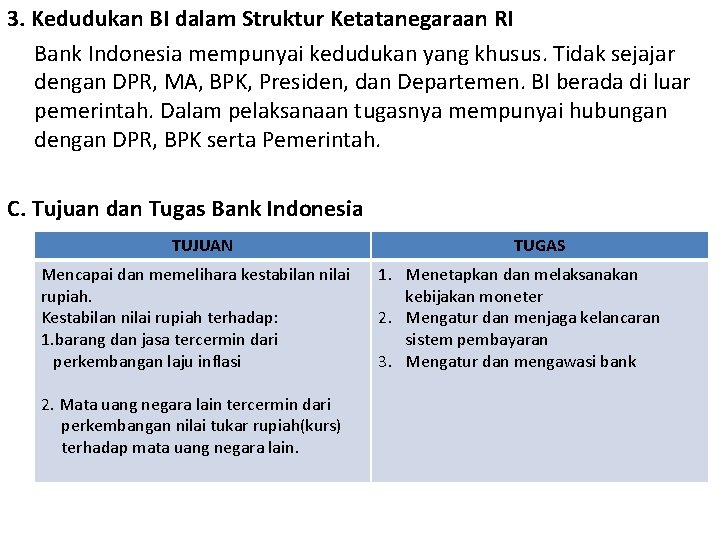 3. Kedudukan BI dalam Struktur Ketatanegaraan RI Bank Indonesia mempunyai kedudukan yang khusus. Tidak