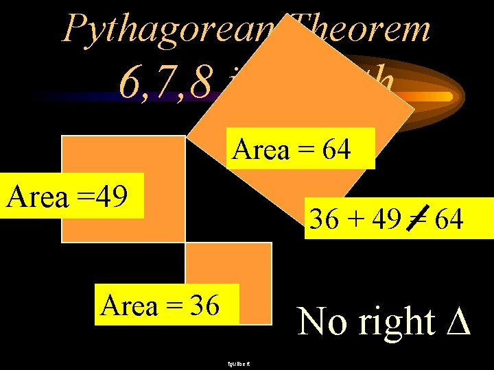 Pythagorean Theorem 6, 7, 8 in length Area = 64 Area =49 36 +