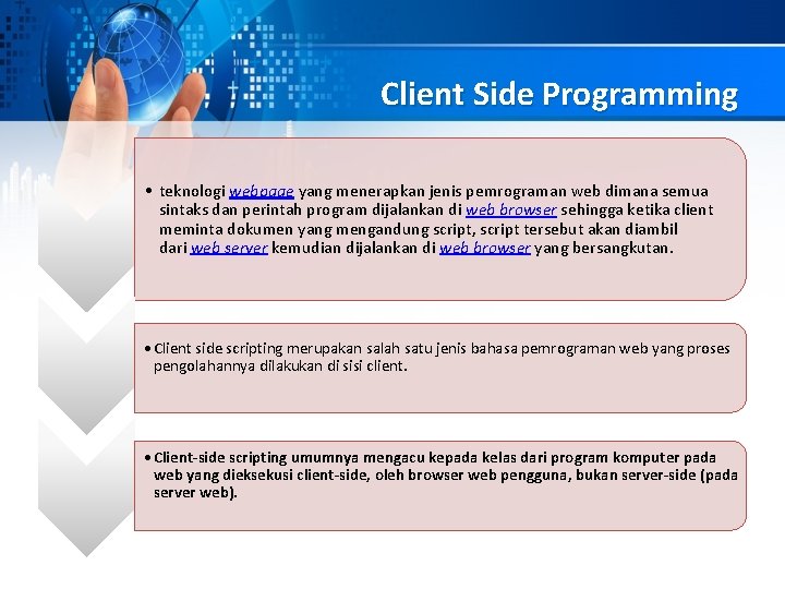 Client Side Programming • teknologi webpage yang menerapkan jenis pemrograman web dimana semua sintaks Client Side Programming • teknologi webpage yang menerapkan jenis pemrograman web dimana semua sintaks