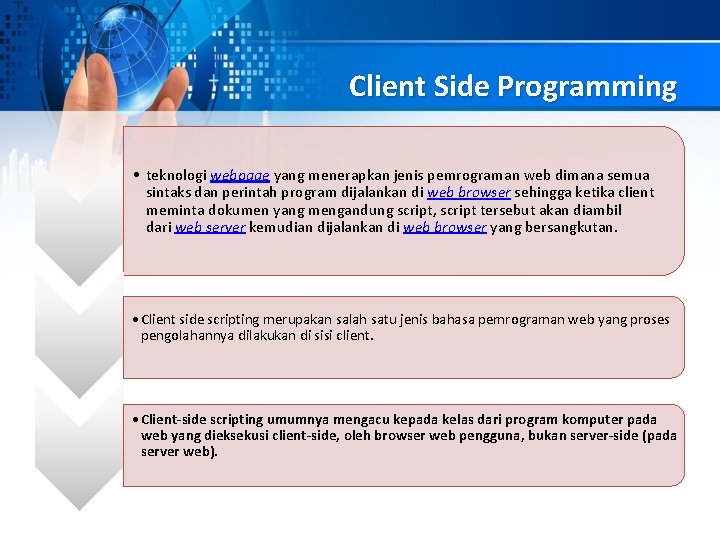 Client Side Programming • teknologi webpage yang menerapkan jenis pemrograman web dimana semua sintaks