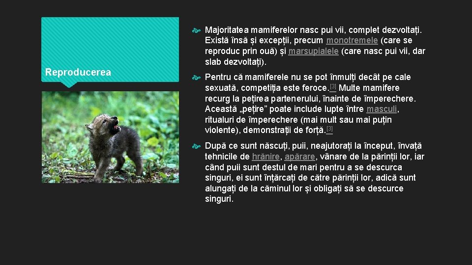 Majoritatea mamiferelor nasc pui vii, complet dezvoltați. Există însă și excepții, precum monotremele Majoritatea mamiferelor nasc pui vii, complet dezvoltați. Există însă și excepții, precum monotremele