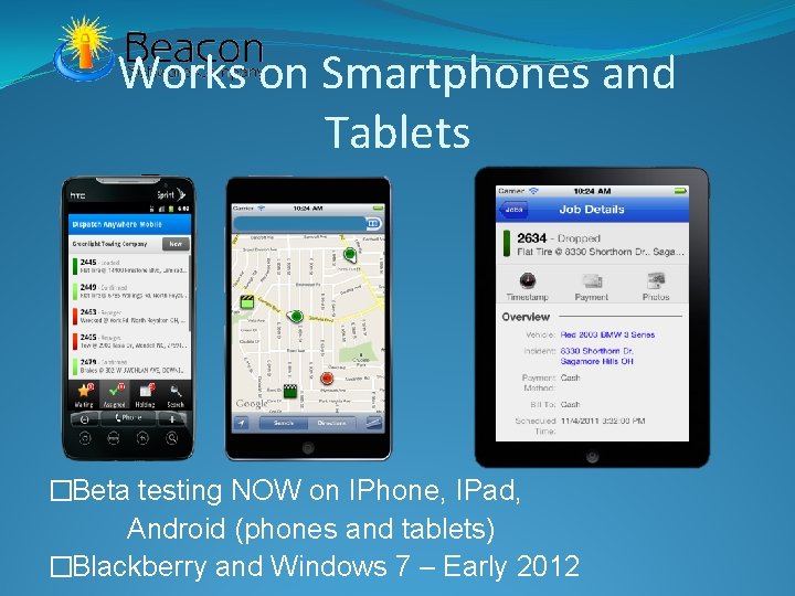 Works on Smartphones and Tablets �Beta testing NOW on IPhone, IPad, Android (phones and
