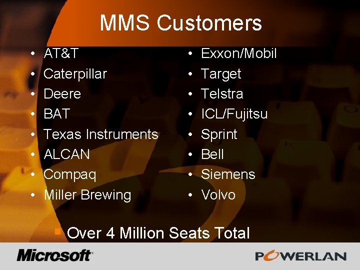 MMS Customers • • AT&T Caterpillar Deere BAT Texas Instruments ALCAN Compaq Miller Brewing