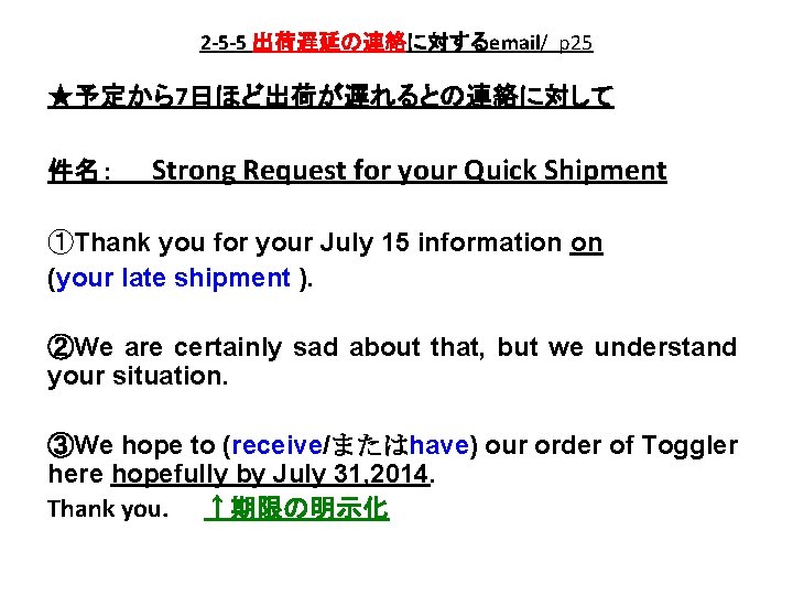 2 -5 -5 出荷遅延の連絡に対するemail/ p 25 ★予定から7日ほど出荷が遅れるとの連絡に対して 件名：　　Strong Request for your Quick Shipment ①Thank