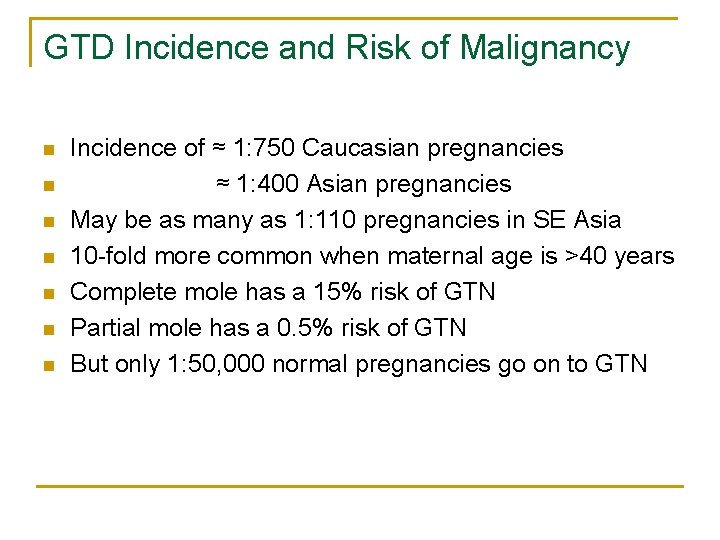 GTD Incidence and Risk of Malignancy n n n n Incidence of ≈ 1: