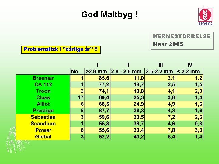 God Maltbyg ! Problematisk i ”dårlige år” !! KERNESTØRRELSE Høst 2005 