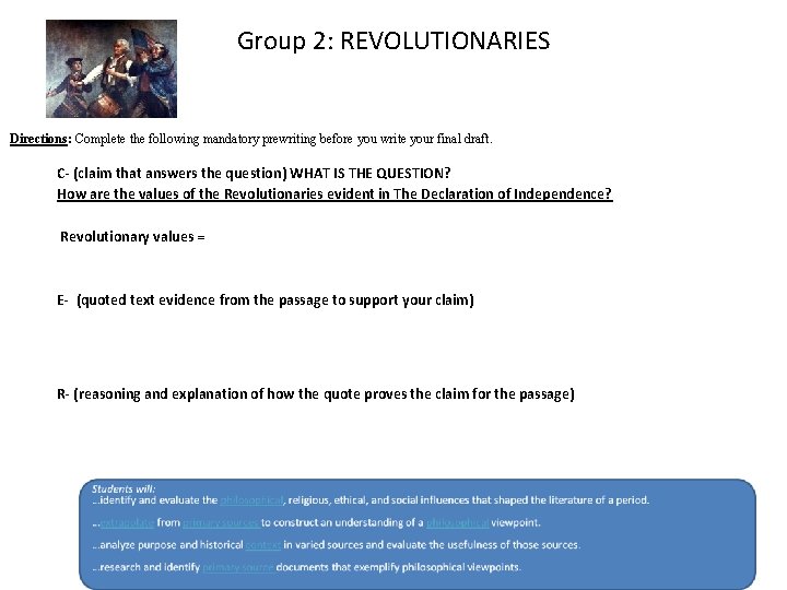 Group 2: REVOLUTIONARIES Directions: Complete the following mandatory prewriting before you write your final
