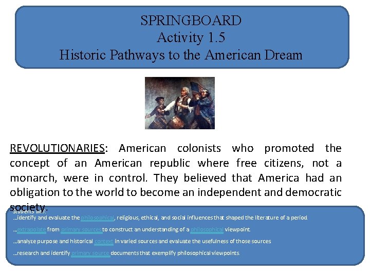 SPRINGBOARD Activity 1. 5 Historic Pathways to the American Dream REVOLUTIONARIES: American colonists who
