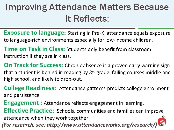 Improving Attendance Matters Because It Reflects: Exposure to language: Starting in Pre-K, attendance equals