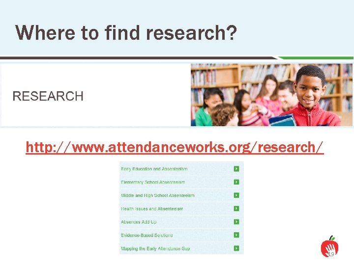 Where to find research? http: //www. attendanceworks. org/research/ 19 