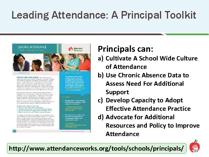 Leading Attendance: A Principal Toolkit Principals can: a) Cultivate A School Wide Culture of