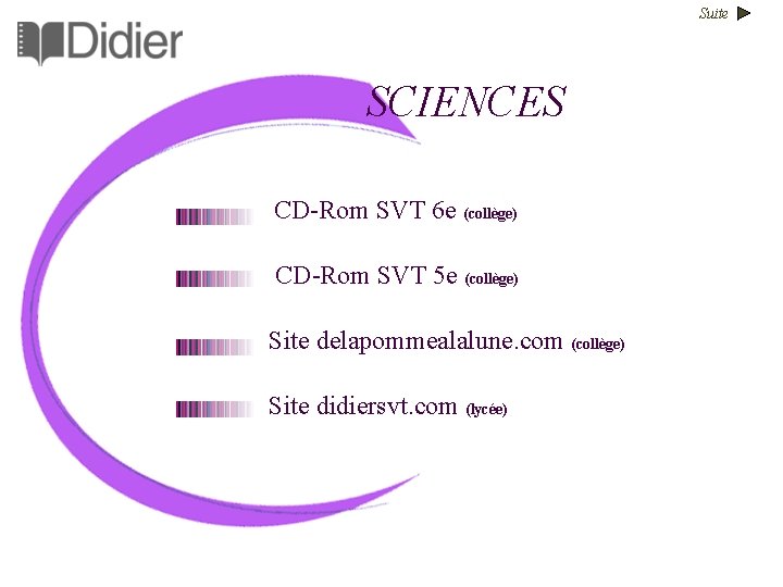 Suite SCIENCES CD-Rom SVT 6 e (collège) CD-Rom SVT 5 e (collège) Site delapommealalune.