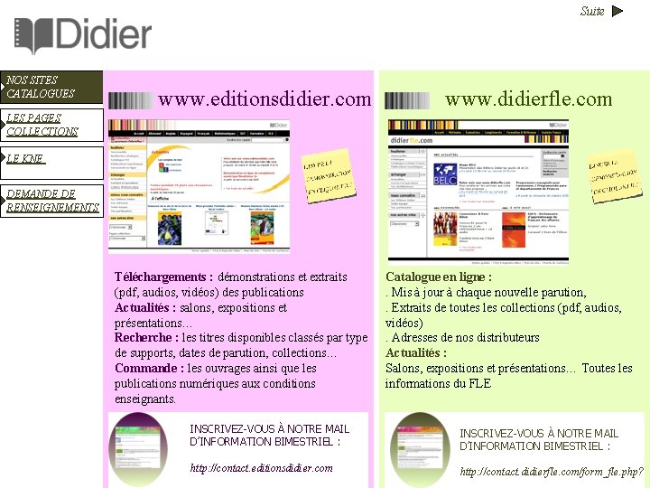 Suite NOS SITES CATALOGUES www. editionsdidier. com www. didierfle. com LES PAGES COLLECTIONS LE