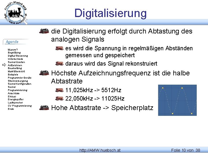 Digitalisierung die Digitalisierung erfolgt durch Abtastung des analogen Signals Warum? Begrüßung Digital Steuerung Unterschiede