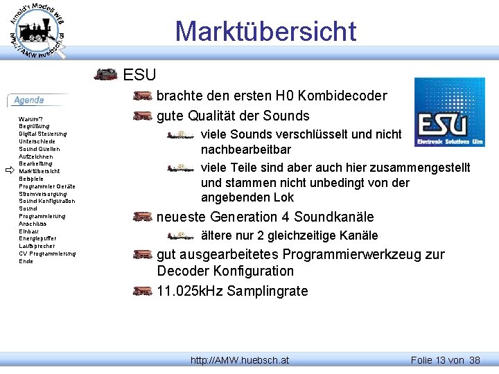 Marktübersicht ESU Warum? Begrüßung Digital Steuerung Unterschiede Sound Quellen Aufzeichnen Bearbeitung Marktübersicht Beispiele Programmier