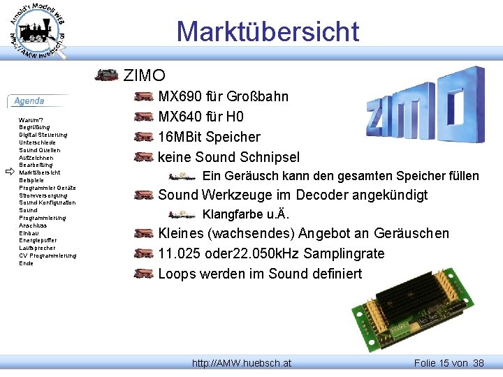 Marktübersicht ZIMO Warum? Begrüßung Digital Steuerung Unterschiede Sound Quellen Aufzeichnen Bearbeitung Marktübersicht Beispiele Programmier