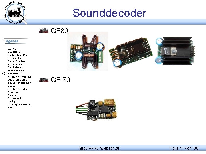 Sounddecoder GE 80 Warum? Begrüßung Digital Steuerung Unterschiede Sound Quellen Aufzeichnen Bearbeitung Marktübersicht Beispiele