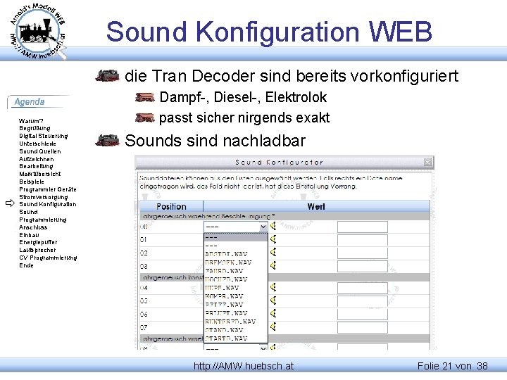 Sound Konfiguration WEB die Tran Decoder sind bereits vorkonfiguriert Warum? Begrüßung Digital Steuerung Unterschiede