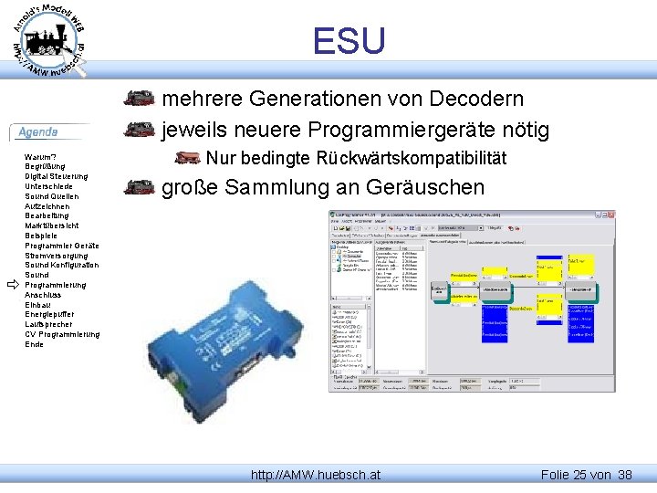 ESU mehrere Generationen von Decodern jeweils neuere Programmiergeräte nötig Warum? Begrüßung Digital Steuerung Unterschiede