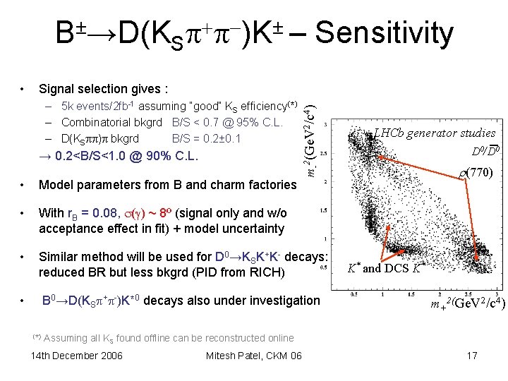 B±→D(KS + -)K± – Sensitivity Signal selection gives : – 5 k events/2 fb-1