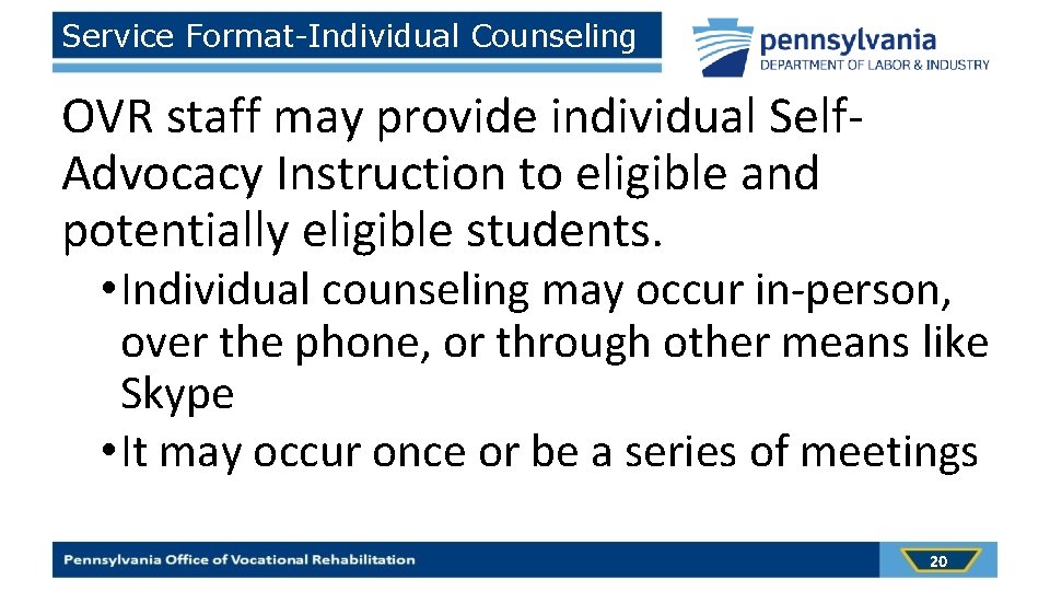 Service Format-Individual Counseling OVR staff may provide individual Self. Advocacy Instruction to eligible and