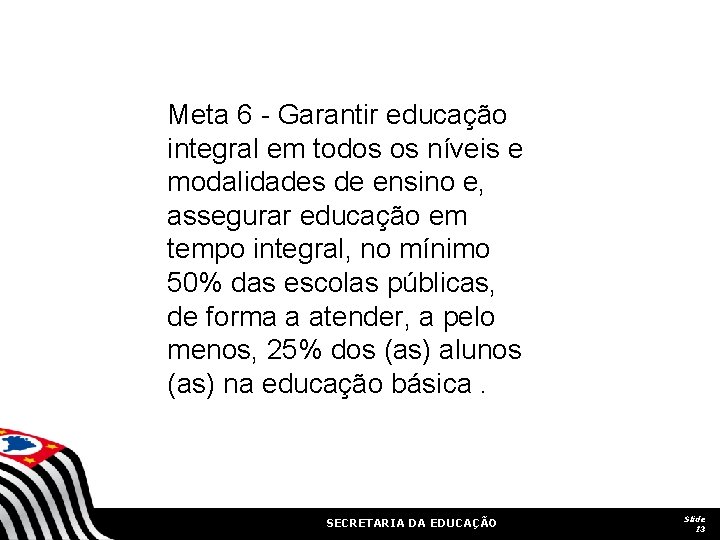 Meta 6 - Garantir educação integral em todos os níveis e modalidades de ensino Meta 6 - Garantir educação integral em todos os níveis e modalidades de ensino