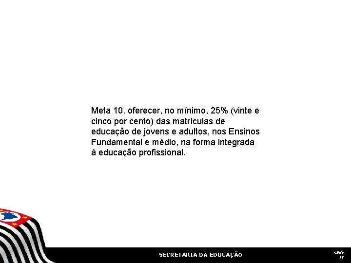 Meta 10. oferecer, no mínimo, 25% (vinte e cinco por cento) das matrículas de Meta 10. oferecer, no mínimo, 25% (vinte e cinco por cento) das matrículas de