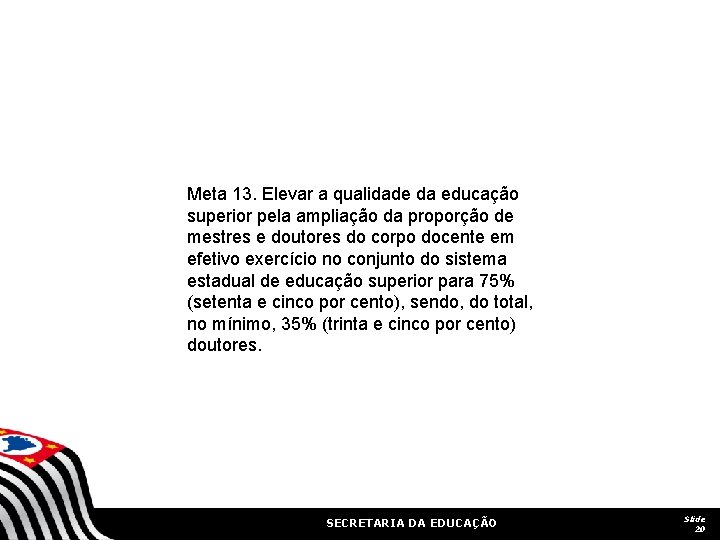 Meta 13. Elevar a qualidade da educação superior pela ampliação da proporção de mestres Meta 13. Elevar a qualidade da educação superior pela ampliação da proporção de mestres