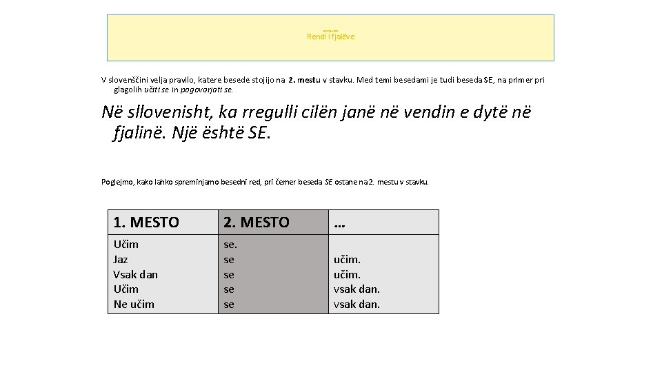 BESEDNI RED Rendi i fjalëve V slovenščini velja pravilo, katere besede stojijo na 2.