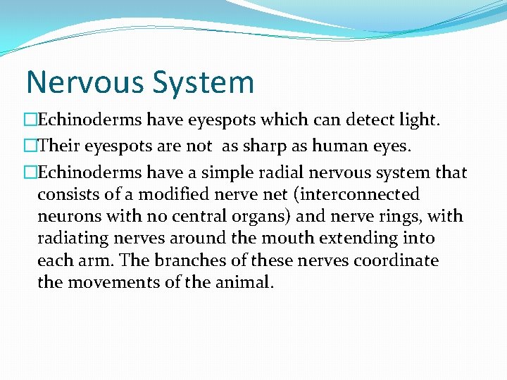 Nervous System �Echinoderms have eyespots which can detect light. �Their eyespots are not as