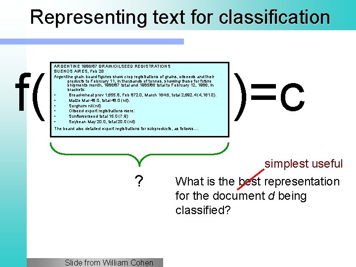 Representing text for classification f( ARGENTINE 1986/87 GRAIN/OILSEED REGISTRATIONS BUENOS AIRES, Feb 26 Argentine
