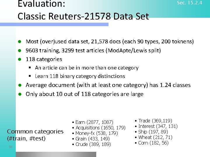 Evaluation: Classic Reuters-21578 Data Set l Most (over)used data set, 21, 578 docs (each