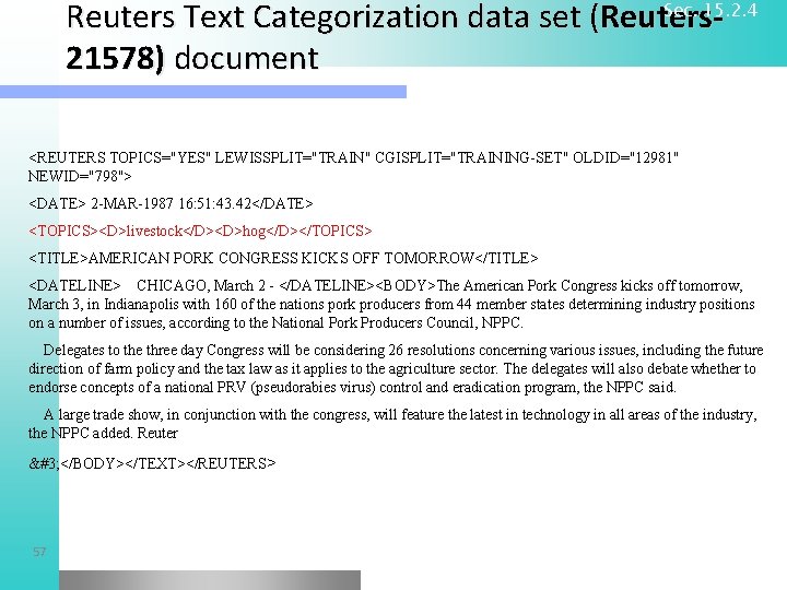 Sec. 15. 2. 4 Reuters Text Categorization data set (Reuters 21578) document <REUTERS TOPICS="YES"