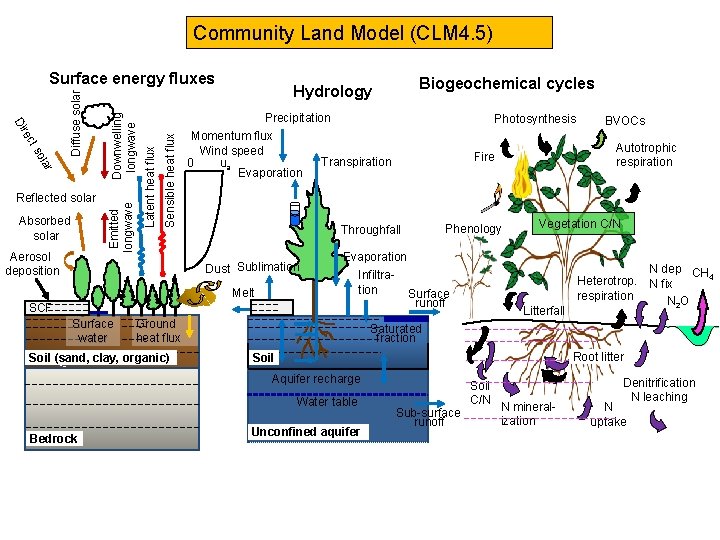 Community Land Model (CLM 4. 5) Aerosol deposition Downwelling longwave Sensible heat flux Absorbed