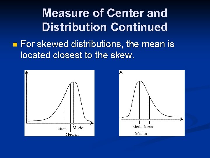 Measure of Center and Distribution Continued n For skewed distributions, the mean is located