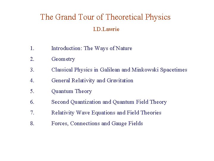 The Grand Tour of Theoretical Physics I. D. Lawrie 1. Introduction: The Ways of