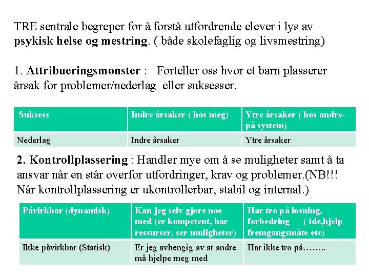 TRE sentrale begreper for å forstå utfordrende elever i lys av psykisk helse og