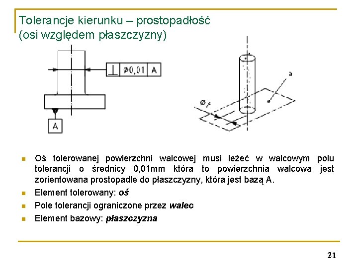 Tolerancje kierunku – prostopadłość (osi względem płaszczyzny) n n Oś tolerowanej powierzchni walcowej musi