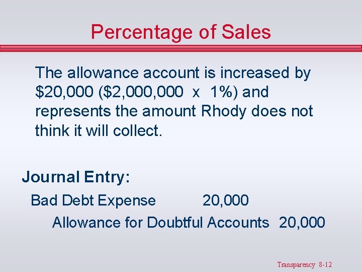 Percentage of Sales The allowance account is increased by $20, 000 ($2, 000 x