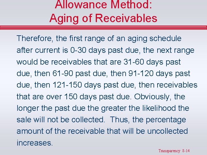 Allowance Method: Aging of Receivables Therefore, the first range of an aging schedule after