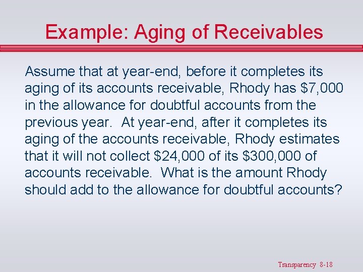 Example: Aging of Receivables Assume that at year-end, before it completes its aging of