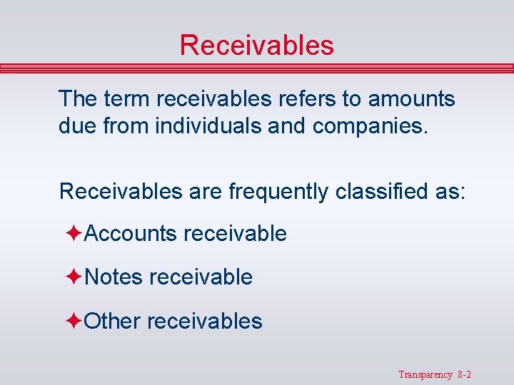 Receivables The term receivables refers to amounts due from individuals and companies. Receivables are