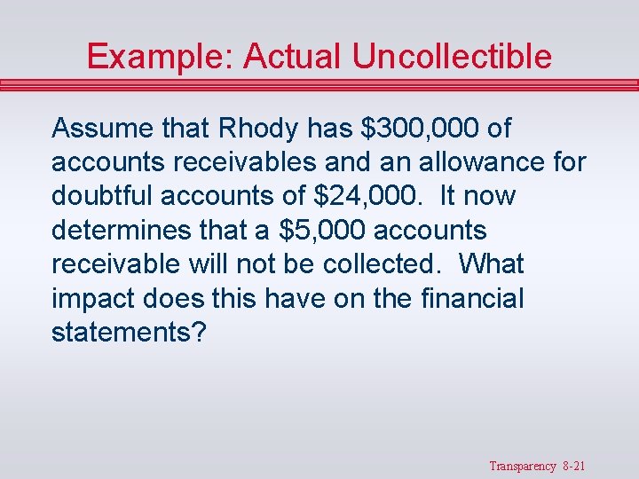 Example: Actual Uncollectible Assume that Rhody has $300, 000 of accounts receivables and an