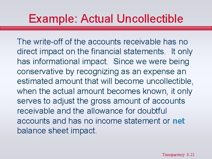 Example: Actual Uncollectible The write-off of the accounts receivable has no direct impact on