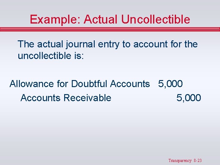 Example: Actual Uncollectible The actual journal entry to account for the uncollectible is: Allowance